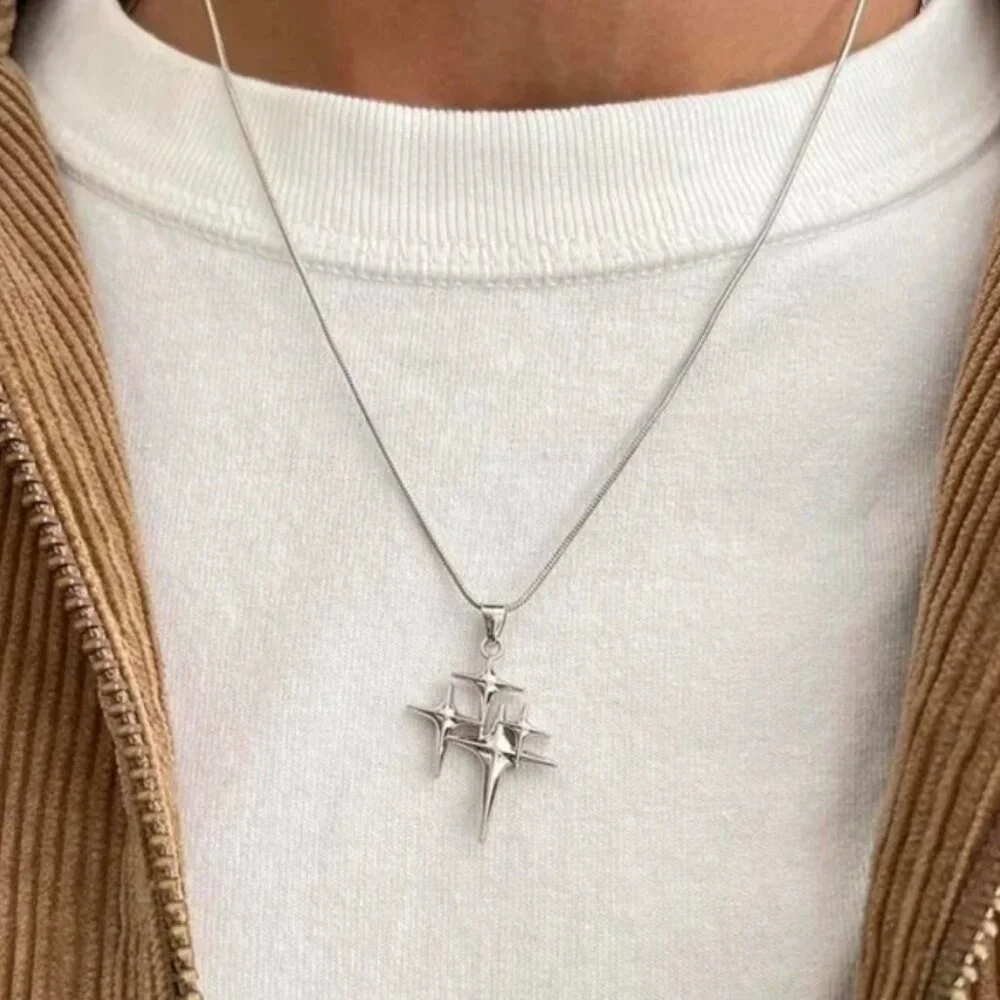 y2k style silver chrome star stacked pendant necklace